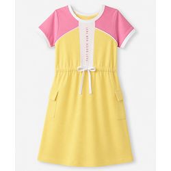 Pine Kids Cotton Knit One Piece Dress with Short Sleeves and Fast Quick Rum Fast Print in Yellow Cream for 4-5 Years