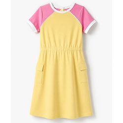 Pine Kids Cotton Knit One Piece Dress with Short Sleeves and Fast Quick Rum Fast Print in Yellow Cream for 4-5 Years