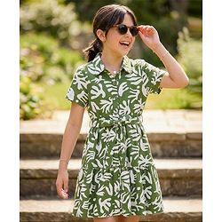 Pine Kids Cotton Knit Half Sleeves Frock With Leaf Print - Multicolor