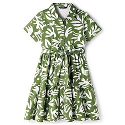 Pine Kids Cotton Knit Half Sleeves Frock With Leaf Print - Multicolor