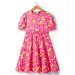Pine Kids Cotton Knit One Piece Dresses/Frocks with Puff Sleeves, Round Neck, Floral Print Multi Colors 4-5 Years