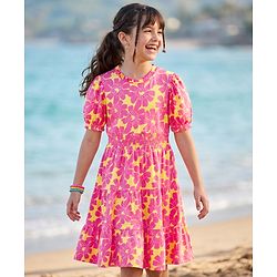 Pine Kids Cotton Knit One Piece Dresses/Frocks with Puff Sleeves, Round Neck, Floral Print Multi Colors 4-5 Years