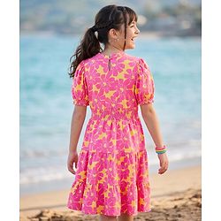 Pine Kids Cotton Knit One Piece Dresses/Frocks with Puff Sleeves, Round Neck, Floral Print Multi Colors 4-5 Years