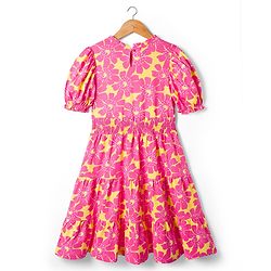 Pine Kids Cotton Knit One Piece Dresses/Frocks with Puff Sleeves, Round Neck, Floral Print Multi Colors 4-5 Years