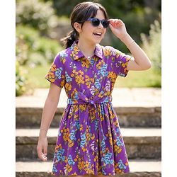 Pine Kids Cotton Knit Half Sleeves Frock with Belt & Floral Print - Multicolor