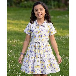 Pine Kids Cotton Knit Half Sleeves Floral Printed Shirt Style Tiered Frock - White