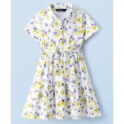 Pine Kids Cotton Knit Half Sleeves Floral Printed Shirt Style Tiered Frock - White