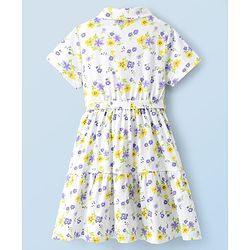Pine Kids Cotton Knit Half Sleeves Floral Printed Shirt Style Tiered Frock - White