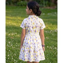 Pine Kids Cotton Knit Half Sleeves Floral Printed Shirt Style Tiered Frock - White