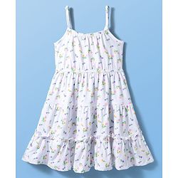 Pine Kids Cotton Knit Sleeveless Floral Printed Tiered Frock - White