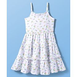 Pine Kids Cotton Knit Sleeveless Floral Printed Tiered Frock - White