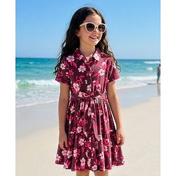 Pine Kids Cotton Knit Half Sleeves Frock With Floral Print - Multicolor