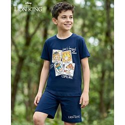Pine Kids Disney Single Jersey Knit Half Sleeves T-Shirt & Shorts Night Suit with Simba & Friends Graphic - Navy Blue