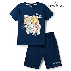 Pine Kids Disney Single Jersey Knit Half Sleeves T-Shirt & Shorts Night Suit with Simba & Friends Graphic - Navy Blue