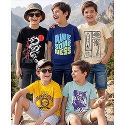 Pine Kids Cotton Knit T-Shirts Graphic Print Round Neck Half Sleeves Multi Colors 5-6 Years Pack of 5