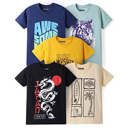 Pine Kids Cotton Knit T-Shirts Graphic Print Round Neck Half Sleeves Multi Colors 5-6 Years Pack of 5