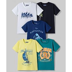 Pine Kids Cotton Knit T-Shirts Half Sleeves Round Neck Graphic Multi Colors 5-6 Years Pack of 5