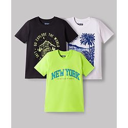 Pine Kids Cotton Knit Half Sleeves T-Shirts With Text & Beach Print Pack of 3 - Multicolor