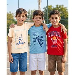 Pine Kids Cotton Knit Half Sleeves T-Shirts with Sport Print Pack of 3 - Multicolor