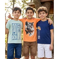 Pine Kids Cotton Knit Half Sleeves T-Shirts with Tiger & Tree Print Pack of 3 - Multicolour