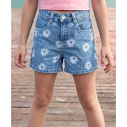 Pine Kids Denim Woven Shorts With Floral Print - Blue
