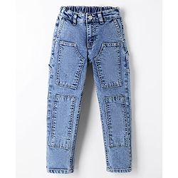 Pine Kids Denim Woven Full Length Solid Color Jeans with Patch Detailing - Blue