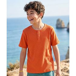 Pine Kids Cotton Blend Knit Half Sleeves Solid Colour Textured T-Shirt - Rust Orange