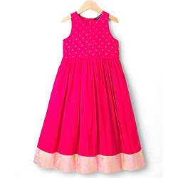 Pine Kids Viscose Woven Sleeveless Floral Foil Printed Ethnic Dress - Dark Pink