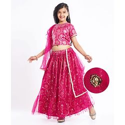 Pine Kids Woven Half Sleeves Choli Lehenga Set with Dupatta Floral Foil Print & Sequin Detailing - Dark Pink