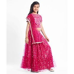 Pine Kids Woven Half Sleeves Choli Lehenga Set with Dupatta Floral Foil Print & Sequin Detailing - Dark Pink