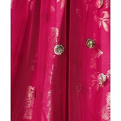 Pine Kids Woven Half Sleeves Choli Lehenga Set with Dupatta Floral Foil Print & Sequin Detailing - Dark Pink