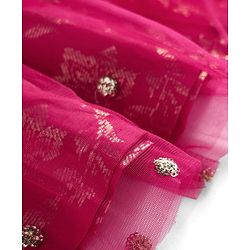 Pine Kids Woven Half Sleeves Choli Lehenga Set with Dupatta Floral Foil Print & Sequin Detailing - Dark Pink