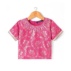 Pine Kids Woven Half Sleeves Choli Lehenga Set with Dupatta Floral Foil Print & Sequin Detailing - Dark Pink