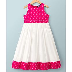 Pine Kids 100% Viscose Woven Sleeveless Floral Printed Ethnic Dress - Dark Pink