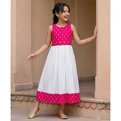 Pine Kids 100% Viscose Woven Sleeveless Floral Printed Ethnic Dress - Dark Pink