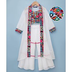 Pine Kids Viscose Woven Full Sleeves Indo Western Set with Embroidery - White