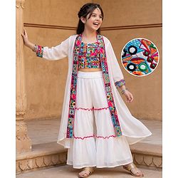 Pine Kids Viscose Woven Full Sleeves Indo Western Set with Embroidery - White