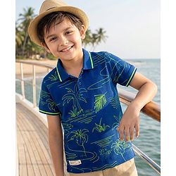 Pine Kids Cotton Knit Half Sleeves Polo T-Shirt with Beach Theme Print - Navy Blue