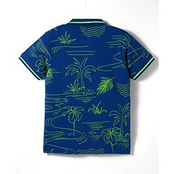 Pine Kids Cotton Knit Half Sleeves Polo T-Shirt with Beach Theme Print - Navy Blue