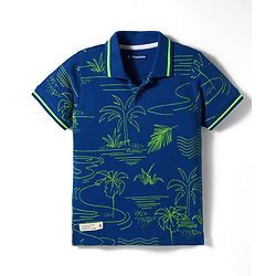 Pine Kids Cotton Knit Half Sleeves Polo T-Shirt with Beach Theme Print - Navy Blue
