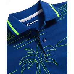 Pine Kids Cotton Knit Half Sleeves Polo T-Shirt with Beach Theme Print - Navy Blue