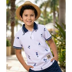 Pine Kids Cotton Knit Half Sleeves Polo T-Shirt with Beach Theme Print - White