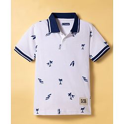 Pine Kids Cotton Knit Half Sleeves Polo T-Shirt with Beach Theme Print - White