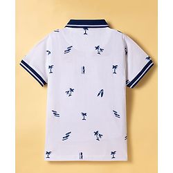 Pine Kids Cotton Knit Half Sleeves Polo T-Shirt with Beach Theme Print - White