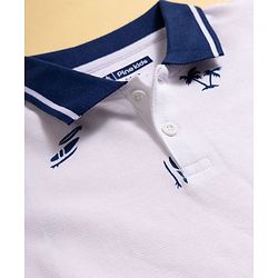 Pine Kids Cotton Knit Half Sleeves Polo T-Shirt with Beach Theme Print - White