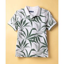 Pine Kids Cotton Knit Half Sleeves Polo T-Shirt with Leaf Print - White