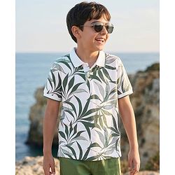 Pine Kids Cotton Knit Half Sleeves Polo T-Shirt with Leaf Print - White