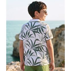 Pine Kids Cotton Knit Half Sleeves Polo T-Shirt with Leaf Print - White