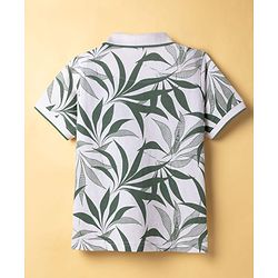 Pine Kids Cotton Knit Half Sleeves Polo T-Shirt with Leaf Print - White