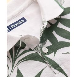 Pine Kids Cotton Knit Half Sleeves Polo T-Shirt with Leaf Print - White